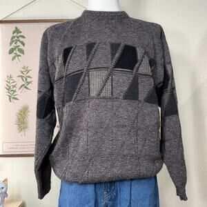 Vintage 80s 90s Gray Black Geometric Crew Pullover Sweater Grandpa Skater L
